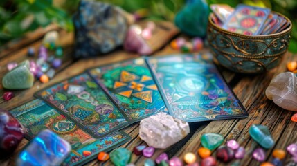 Tarot Cards and Crystals on Wooden Table for Mystical Reading. - obrazy, fototapety, plakaty