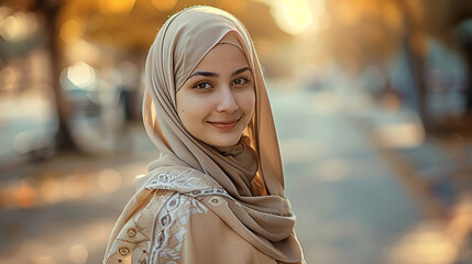 Successful middle eastern businesswoman standing in big city modern skyscrapers dreaming on new opportunities
