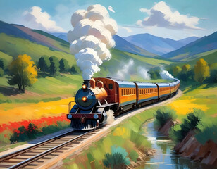 Old train in the mountains, impressionism painting illustration