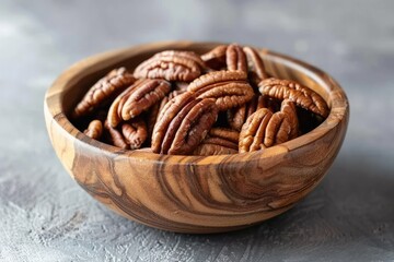 A wooden bowl filled with rich, whole pecan nuts sits atop a textured surface, offering a healthy, tasty snack option.