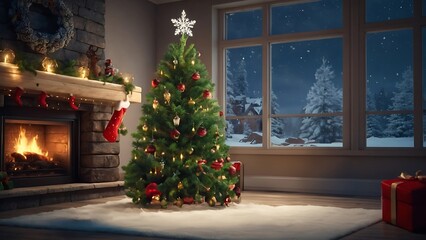 Cozy Christmas ambiance with a beautifully decorated tree illuminating the room's interior