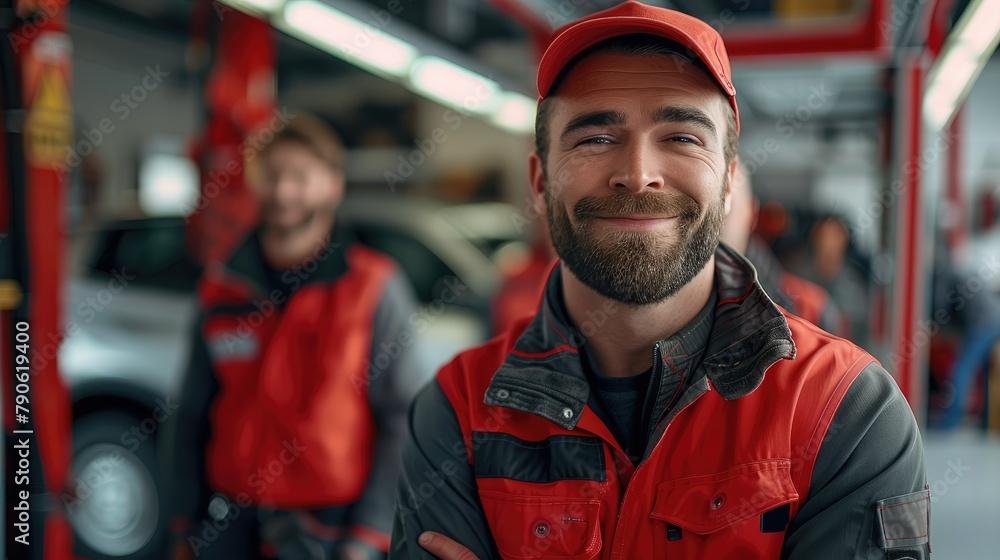 Poster A team of car mechanics smiling as they stand in an auto garage. There are two cars on car lifts behind them. Generative AI.