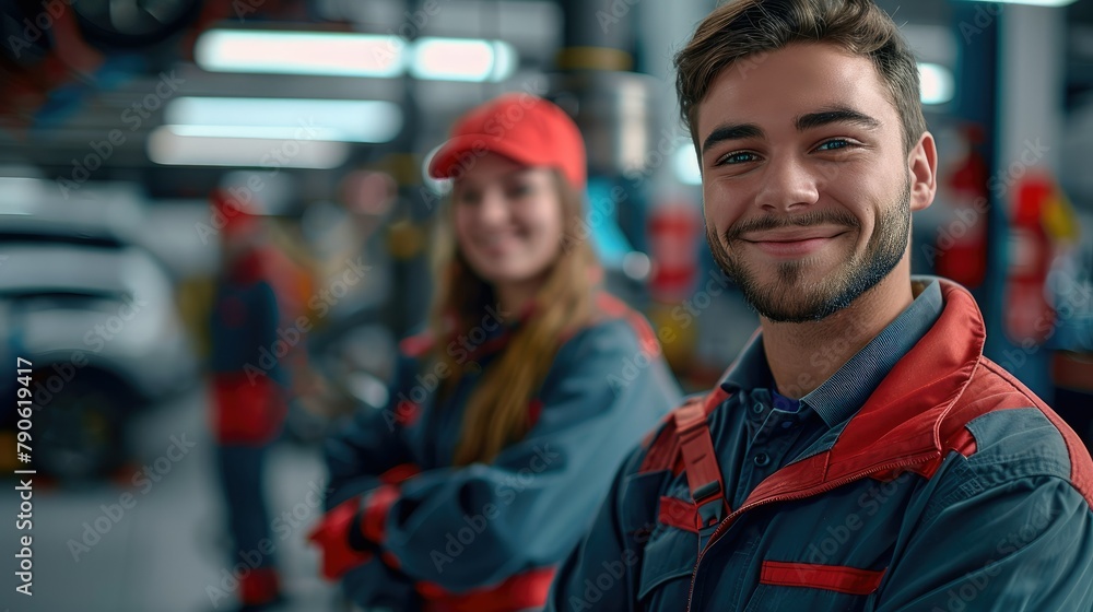 Poster a team of car mechanics smiling as they stand in an auto garage. there are two cars on car lifts beh