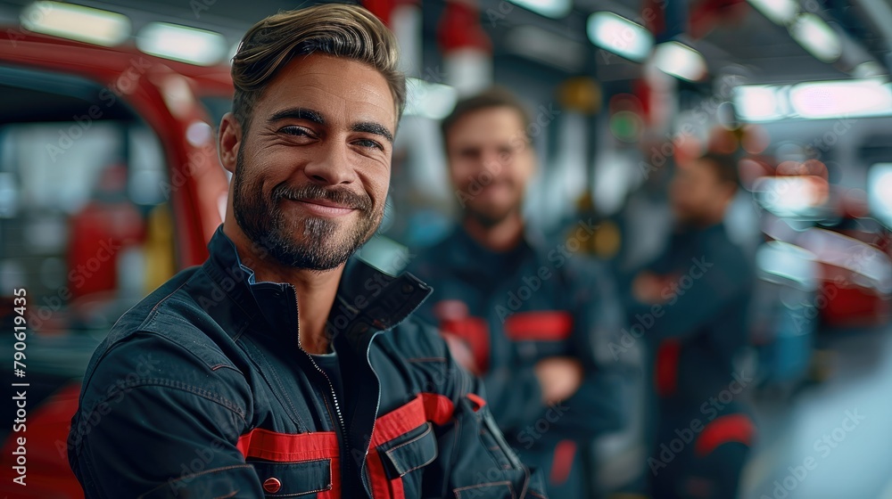 Aufkleber a team of car mechanics smiling as they stand in an auto garage. there are two cars on car lifts beh