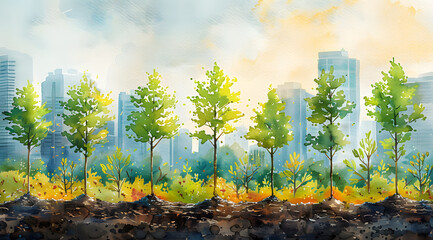 Greening the City: Watercolor Tribute to Urban Reforestation Efforts - obrazy, fototapety, plakaty