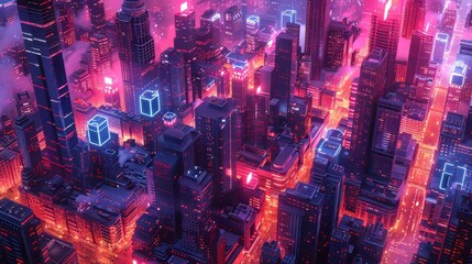 Stunning isometric cityscape glowing with cyberpunk aesthetics at night - obrazy, fototapety, plakaty