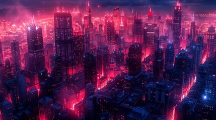 Stunning isometric cityscape glowing with cyberpunk aesthetics at night