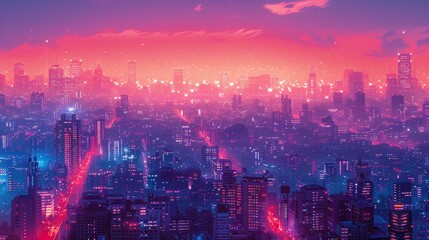 Fototapeta na wymiar Stunning isometric cityscape glowing with cyberpunk aesthetics at night