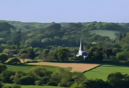 AI generated illustration of a white steeple in a lush green valley with trees and fields