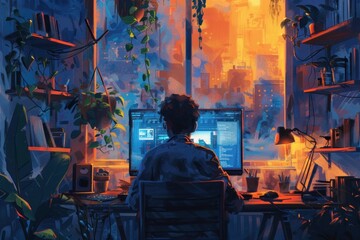 A stylish young man, surrounded by urban charm, engrosses himself in his computer, exemplifying the contemporary work-from-home lifestyle.