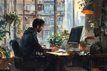 A suave professional, amidst the urban panorama, dedicates himself to his computer tasks, epitomizing the elegance of remote work in his sunlit loft.