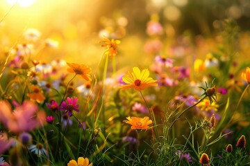 A close-up of wildflowers, vibrant colors and diverse species scattered across a lush meadow, golden hour sunlight casting soft, warm light