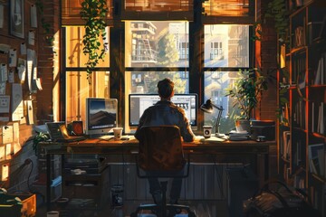 Radiating elegance in his sun-drenched loft, a youthful professional immerses himself in his computer tasks, embodying the epitome of remote work chic.