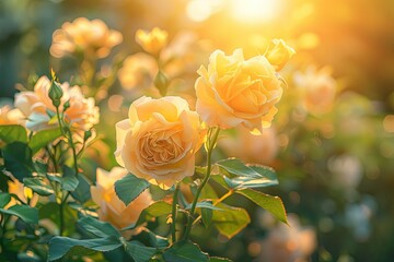A garden scene at sunset, where yellow roses bloom abundantly among lush greenery