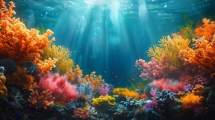Vibrant underwater seascape with colorful coral reefs and sun rays penetrating blue ocean water