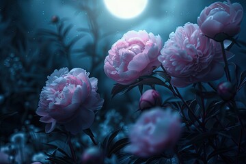 A magical nighttime setting with pink peonies glowing under the moonlight, symbolizing prosperity and romance
