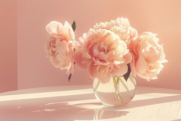 A photograph of lush, full bloom peonies symbolizing prosperity and romance, arranged in a modern glass vase, on a minimalist white table against a soft pastel wall