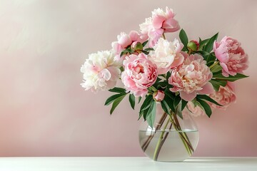 Obraz premium A photograph of lush, full bloom peonies symbolizing prosperity and romance, arranged in a modern glass vase, on a minimalist white table against a soft pastel wall