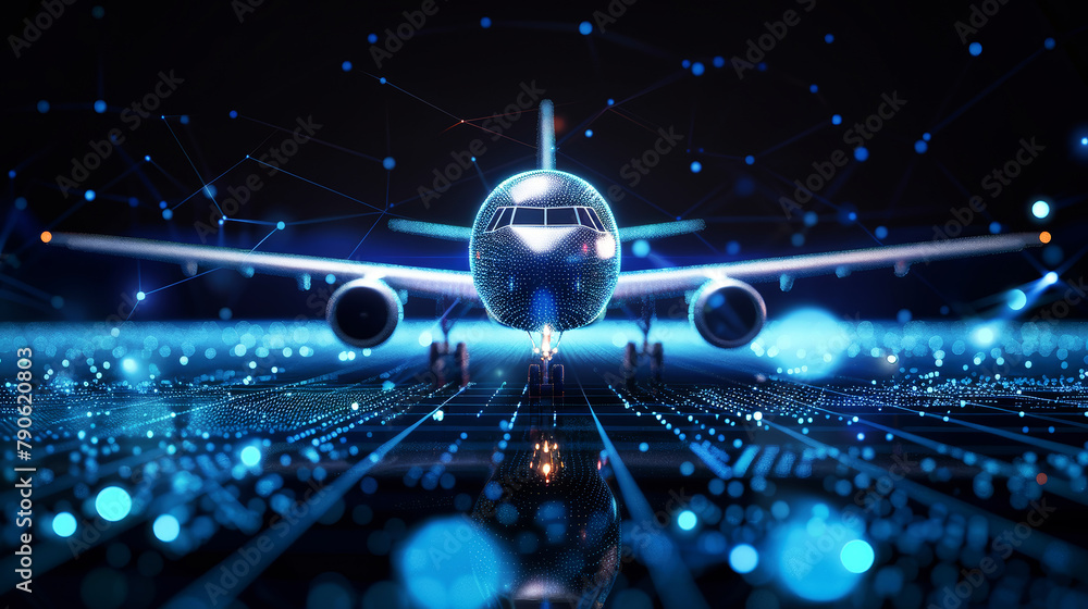 Poster an airplane soars gracefully over a intricate network of lines and dots, symbolizing the fusion of t
