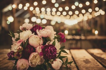 A rustic wooden table adorned with an arrangement of peonies in full bloom, ranging from pure white to deep burgundy, surrounded by vintage wedding decor in a dimly lit barn. 
