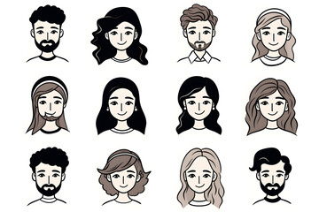 Set of doodle people faces black and white, minimalist avatars line drawing