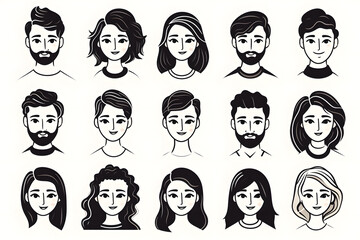 Set of doodle people faces black and white, minimalist avatars line drawing