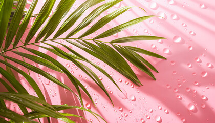 green palm tree branch leaves background or wallpaper on a pink backdrop, water drops