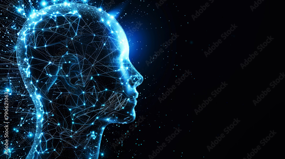 Poster a persons head with a network of dots forming the shape of a human, symbolizing interconnected thoug
