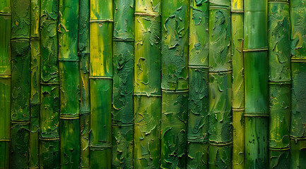 Green bamboo wall background, bamboo texture, green and yellow color tone - obrazy, fototapety, plakaty