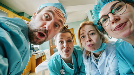A group of funny and cheerful doctors in scrubs and masks, ready to take on their daily rounds with a positive attitude and warm smiles