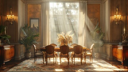 Stylish modern dining room with nature view through large windows and warm sunlight - obrazy, fototapety, plakaty