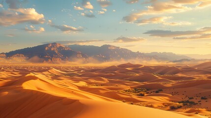 Wide shot of the desert dunes, golden hour, mountains in background. Generative AI.