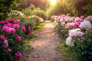 A wide-angle shot of a rustic garden path lined with lush peonies in various shades of pink and white, symbolizing prosperity and romance. 