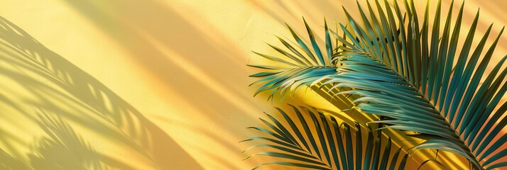 Abstract yellow background for product presentation with Tropical green palm leaves on yellow background with copy space. Minimal nature summer concept. Summer Blurred backdrop.