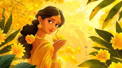 Illustration celebrating the vishu with beautiful yellow konna flowers