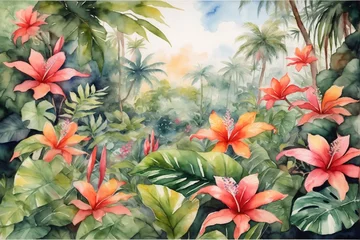  Watercolor Tropical Lush Flower Background, Tropical Flower Forest Wallpaper, Watercolor Painting of Exotic Forest, Forest Background, Tropical Forest, Lush Greenery, AI Generative © Forhadx5