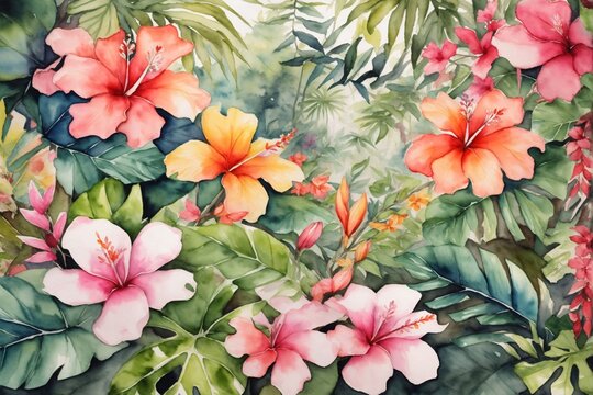 Watercolor Tropical Lush Flower Background, Tropical Flower Forest Wallpaper, Watercolor Painting of Exotic Forest, Forest Background, Tropical Forest, Lush Greenery, AI Generative