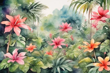 Badezimmer Foto Rückwand Watercolor Tropical Lush Flower Background, Tropical Flower Forest Wallpaper, Watercolor Painting of Exotic Forest, Forest Background, Tropical Forest, Lush Greenery, AI Generative © Forhadx5