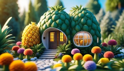 A pineapple-shaped organic house design in the fairy garden, adorable, beautiful modern house design, beautiful environment flowers around the house, soft sunlight, winter season, photo real, realisti - Powered by Adobe