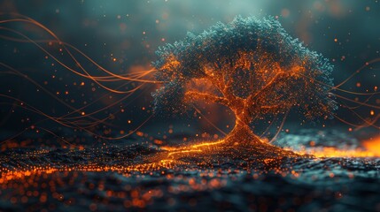 Stunning fractal tree with a dynamic black and orange background, perfect for modern art and abstract concepts - obrazy, fototapety, plakaty