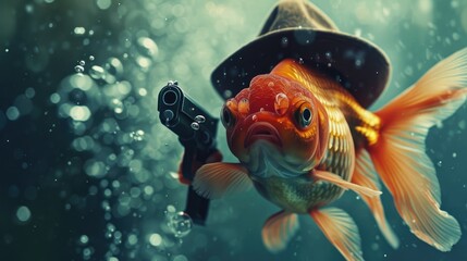 goldfish in a stylish hat brandishes a firearm confidently, Ai Generated