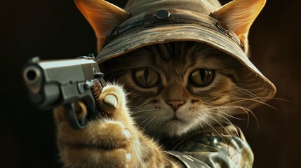 kitty in a stylish hat brandishes a firearm confidently, Ai Generated