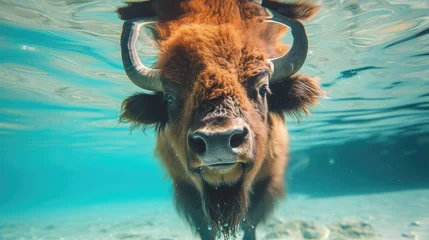 Deurstickers Hilarious underwater scene bison in pool plays deep dive action, Ai Generated. © Crazy Juke