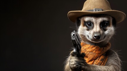 Meerkat in a stylish hat brandishes a firearm confidently, Ai Generated