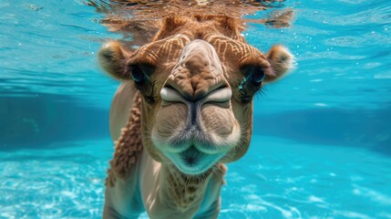 Obraz premium Hilarious underwater scene camel in pool plays deep dive action, Ai Generated.