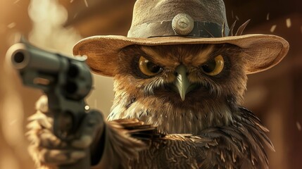 owl in a stylish hat brandishes a firearm confidently, Ai Generated