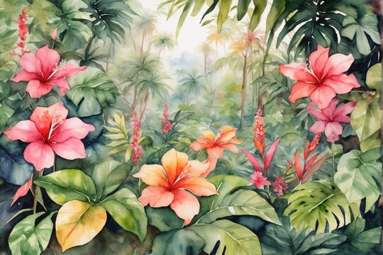 Watercolor Tropical Lush Flower Background, Tropical Flower Forest Wallpaper, Watercolor Painting of Exotic Forest, Forest Background, Tropical Forest, Lush Greenery, AI Generative
