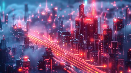 Futuristic cityscape in red haze: Skyscrapers, glowing lights and dynamic atmosphere - obrazy, fototapety, plakaty