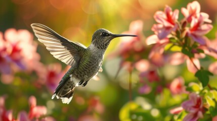 Obraz premium Graceful hummingbird dances amid spring blooms, a vibrant display of nature's beauty. Ai Generated.