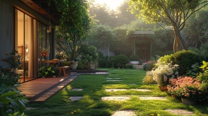 Serene garden sanctuary with lush greenery and streaming sunlight